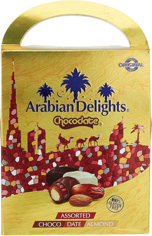 Arabian Delights Assorted Chocodate, Classic Chocolate Coated Bite-Sized Snacks, Stuffed w/ Golden Roasted Almonds, Dates & Sweets Pouch - 500g