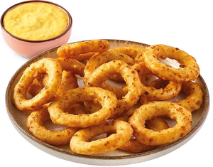 Crispy plant-based onion rings on a plate with dipping sauce from iPlantBased UAE.