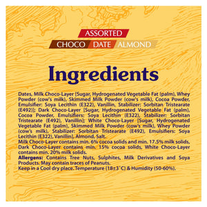 Arabian Delights Assorted Chocodate, Classic Chocolate Coated Bite-Sized Snacks, Stuffed w/ Golden Roasted Almonds, Dates | Snacks & Sweets Pouch - 90g
