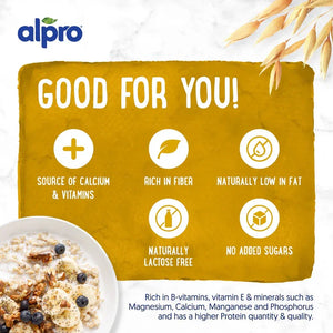 Alpro plant-based product benefits infographic with icons and oat bowl, highlighting calcium, vitamins, fiber, low fat, lactose free, and no added sugars.