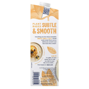 Alpro plant-based vanilla drink carton, subtle and smooth, with breakfast pancakes, UAE vegan food