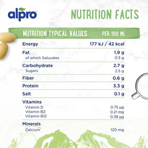 Alpro plant-based drink nutrition facts label with protein, vitamins, calcium, and calories per 100ml