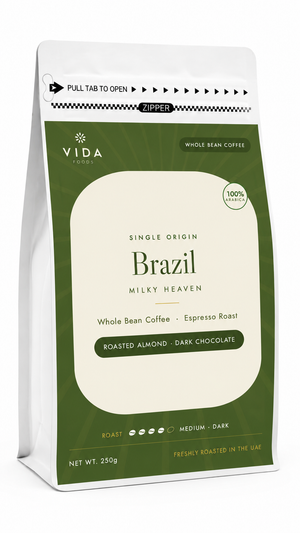 Vida Foods Brazil Milky Heaven Specialty Coffee – 85 SCA Single Origin Whole Beans for Espresso & Milk, Freshly Roasted in UAE, 250g