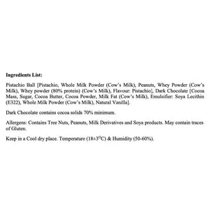 Ingredients list for Fade Fit Pistachio Protein Balls, including milk, peanuts, and allergens info.
