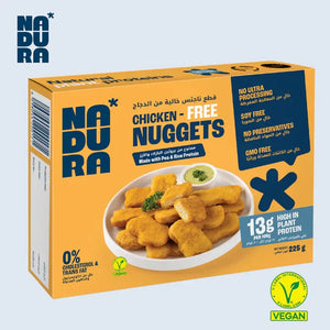 Nadura plant-based chicken-free nuggets box with vegan label and protein content