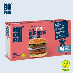 Nadura Meat-Free Burgers packaging, vegan plant-based burger with pea and rice protein, UAE