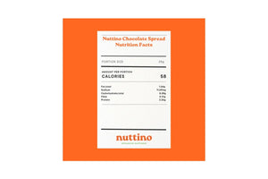 Nuttino chocolate spread nutrition facts label with calories, fat, and protein values displayed.