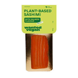 Wanted Vegan plant-based salmon sashimi in green and gold packaging, vegan food UAE