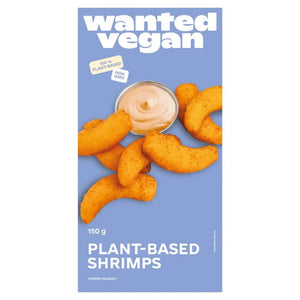 Wanted Vegan plant-based shrimps on blue packaging with dipping sauce, 100% plant-based, non-GMO