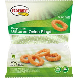 Ecofrost deep-frozen battered onion rings in packaging, plant-based vegan snack, 1000g bag