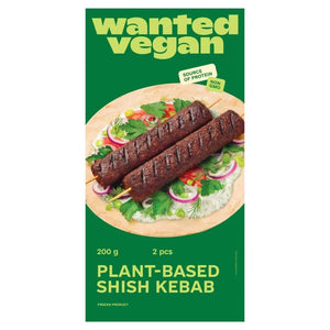 iPlantBased vegan plant-based shish kebab frozen product packaging with kebabs on flatbread and vegetables