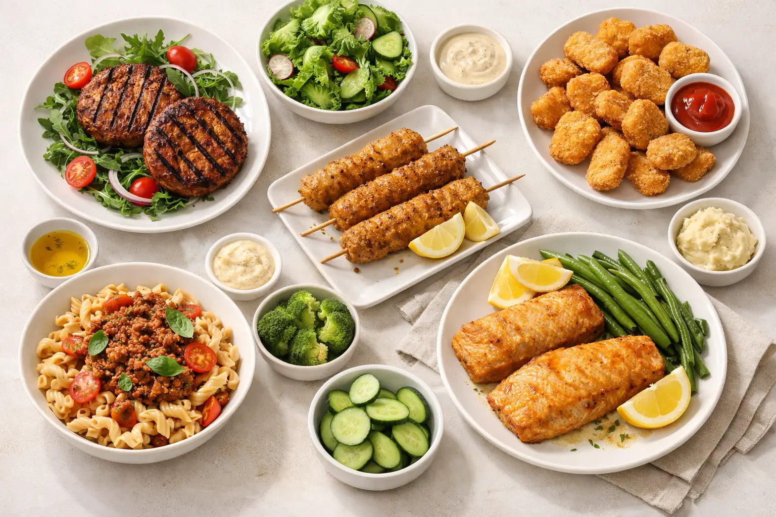 colorful plant-based dishes and fresh ingredients on a bright, clean table setting