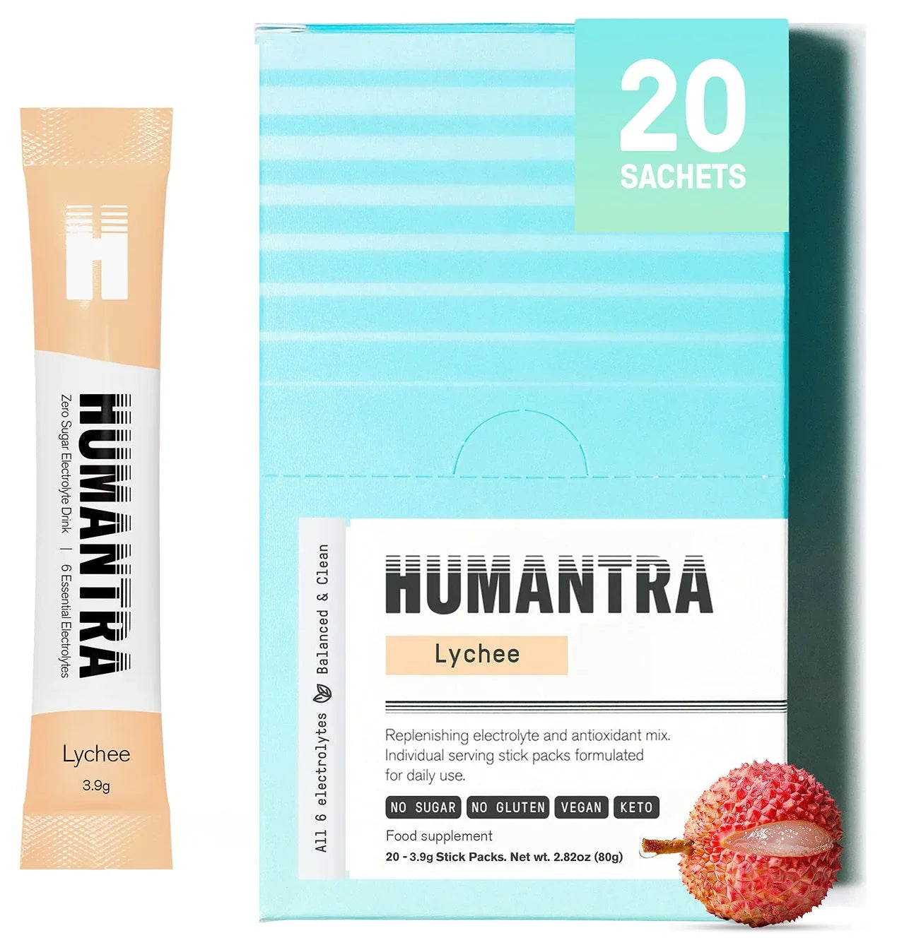 Humantra Lychee Electrolyte Hydration Pack – Zero Sugar, 20 Servings, 80g