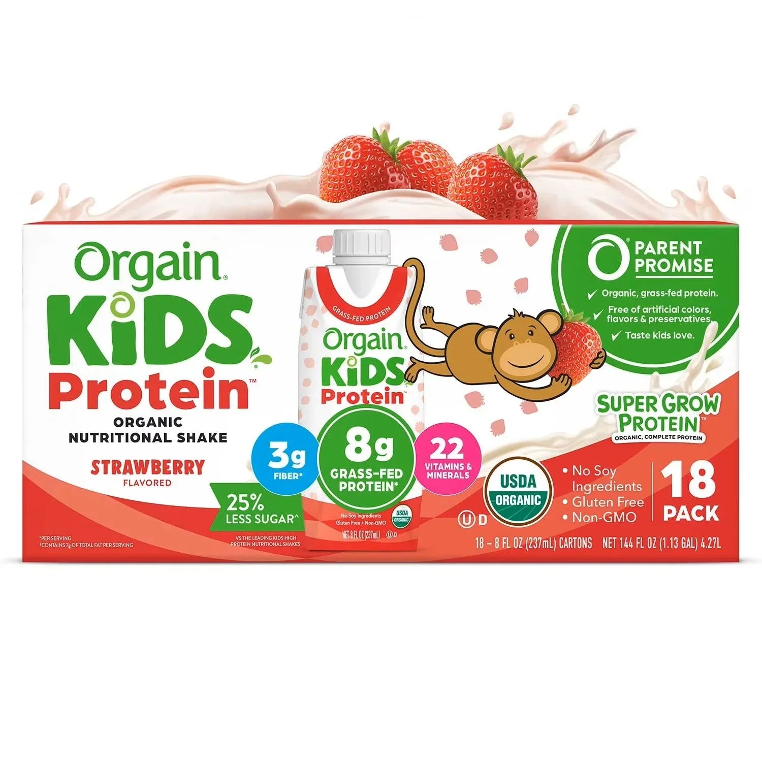 Orgain Kids 8g Protein Organic Nutrition Shake, Strawberry 237ml (18 pk)