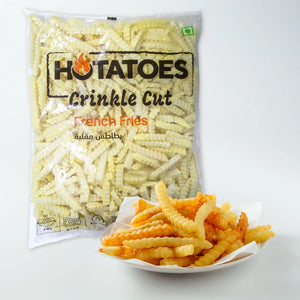 Hotatoes Crinkle Cut French Fries frozen pack with cooked fries on a plate, plant-based food UAE