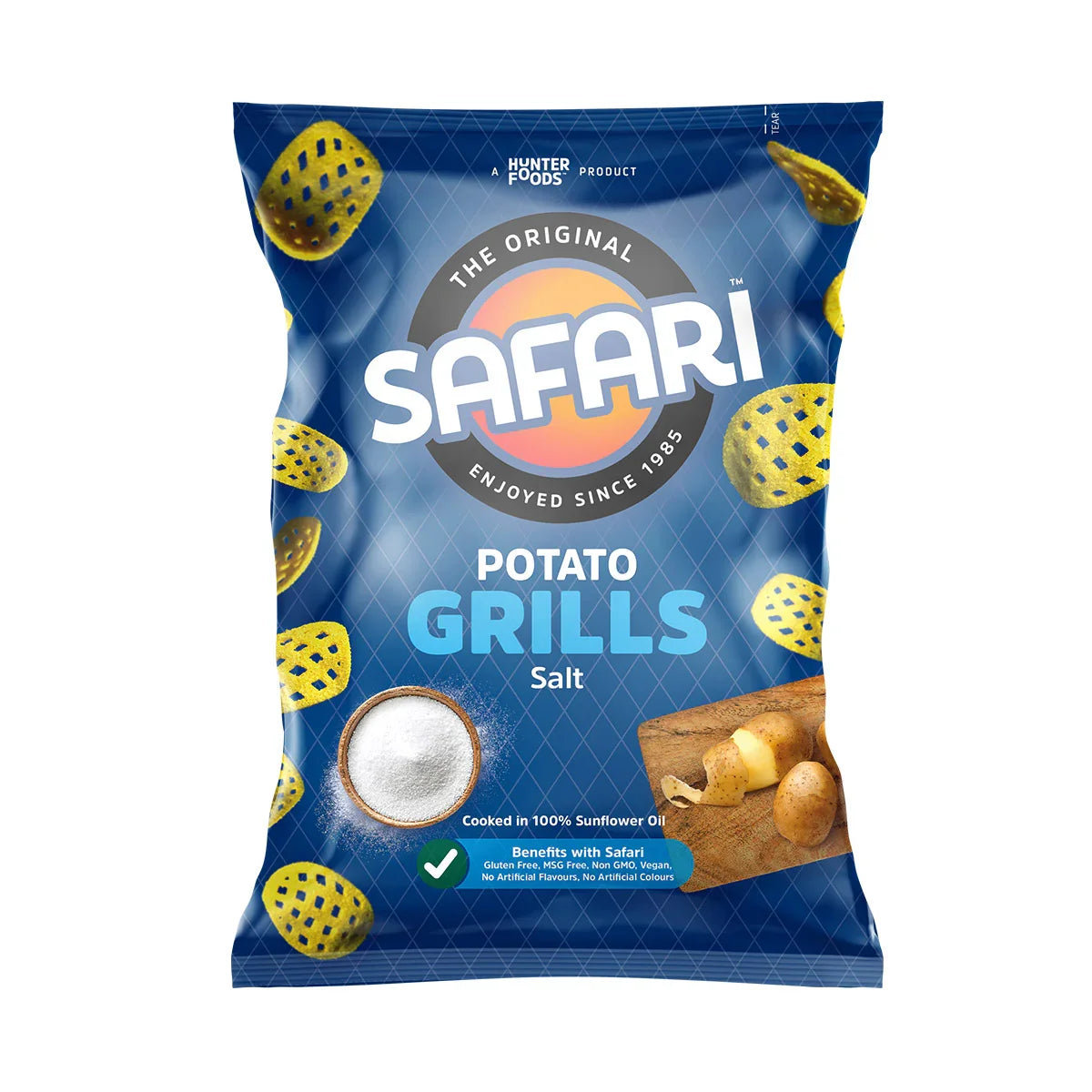 Safari Potato Grills Salt snack pack, plant-based, UAE vegan food, blue packaging