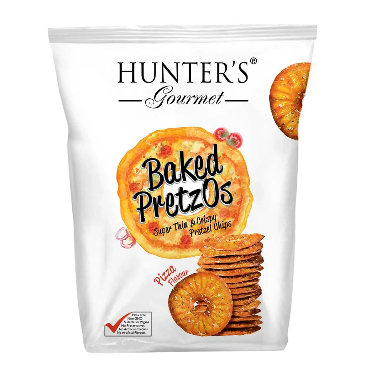 Hunter's Gourmet Baked PretzOs pizza flavour, plant-based crispy pretzel chips bag.