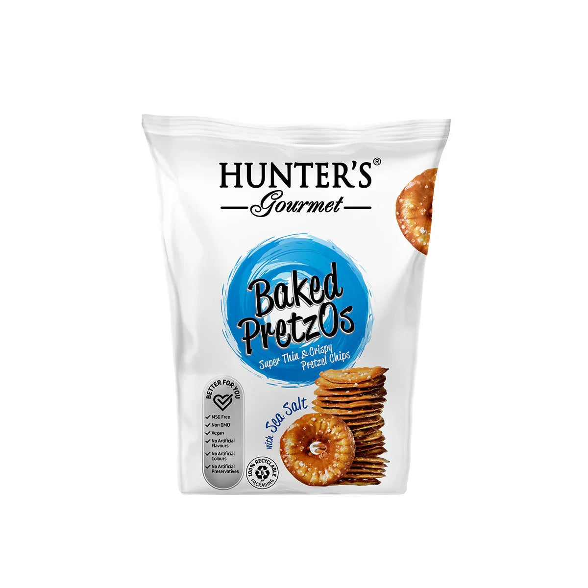 Hunter's Gourmet Baked PretzOs sea salt plant-based pretzel chips snack pack on white background