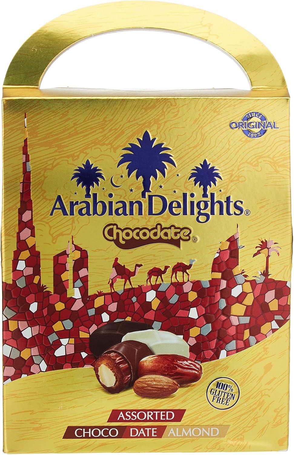 Arabian Delights Assorted Chocodate, Classic Chocolate Coated Bite-Sized Snacks, Stuffed w/ Golden Roasted Almonds, Dates | Snacks & Sweets Pouch - 180g