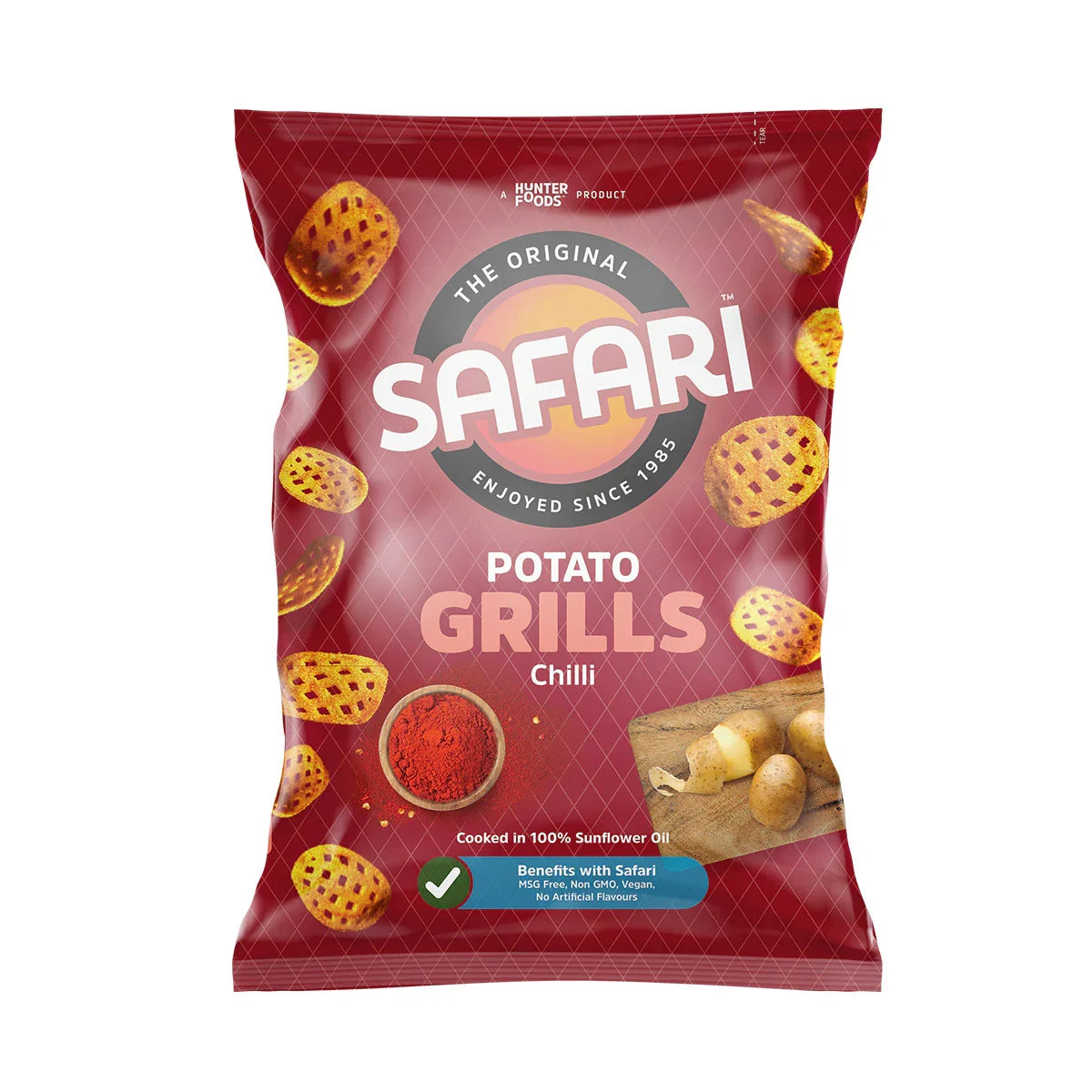 Safari Potato Grills Chilli flavor snack bag, vegan and non-GMO, available at iPlantBased UAE.