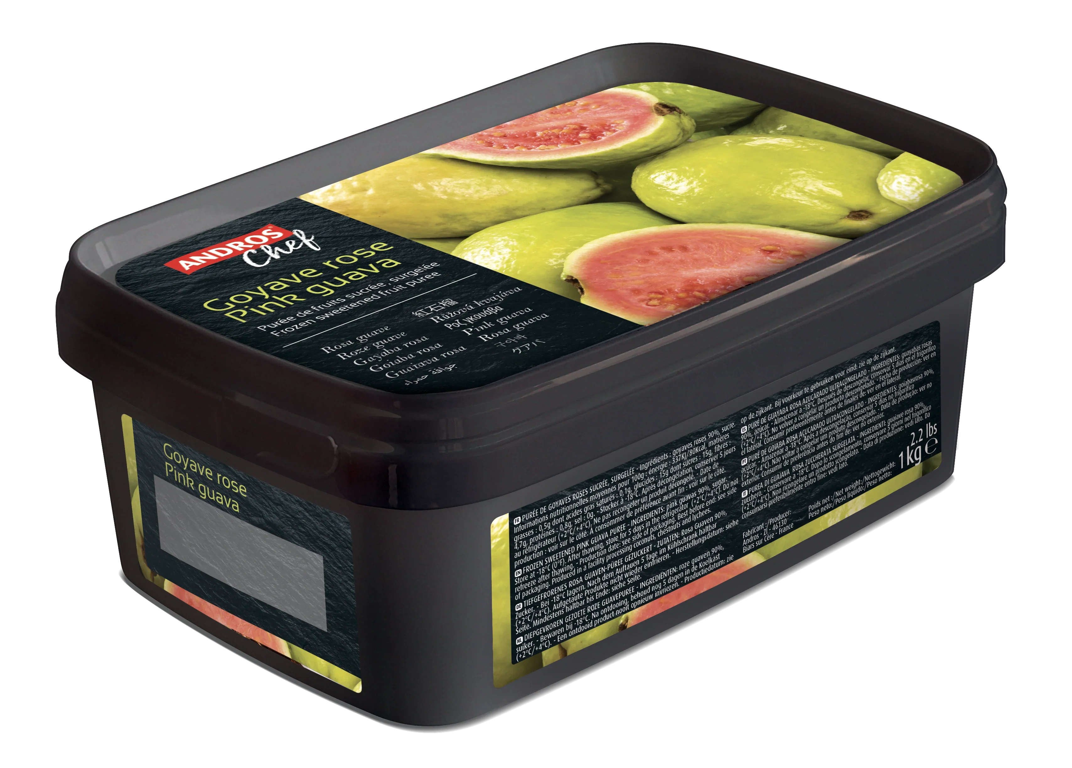 Andros Chef Frozen Pink Guava Puree 1kg Tub.