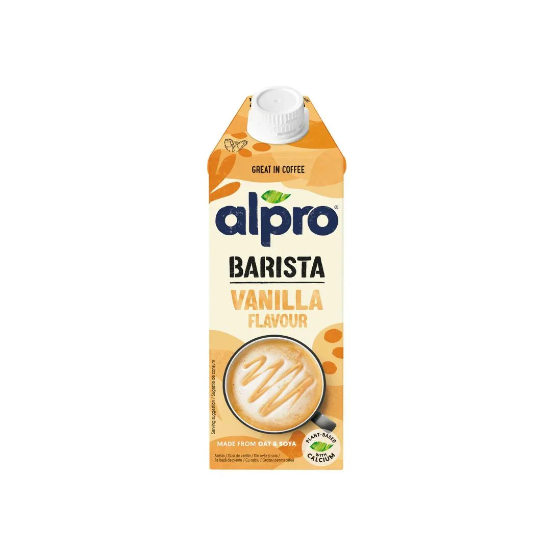 Alpro Barista Vanilla oat and soya milk carton, plant-based vegan milk alternative, iPlantBased UAE