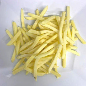 Frozen plant-based French fries on a white plate, delivered by iPlantBased UAE
