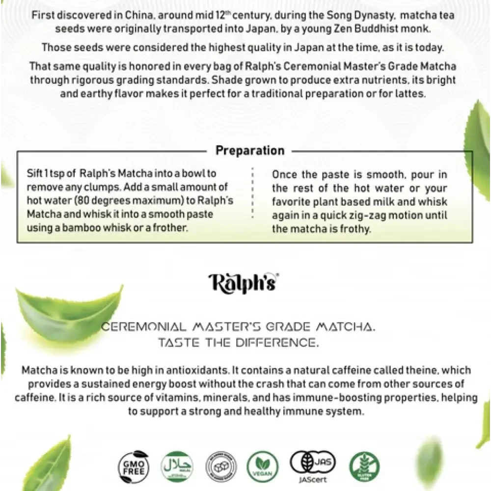 Ralph's Ceremonial Matcha preparation instructions and benefits, vegan, plant-based, UAE food store