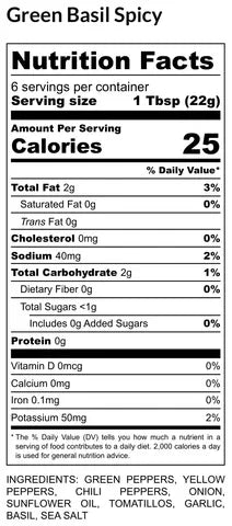 Green Basil Spicy plant-based nutrition label with calories, ingredients, and daily values