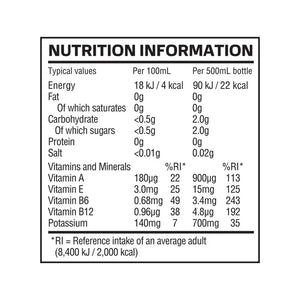 Nutrition information label for a plant-based food product from iPlantBased UAE, showing vitamins, minerals, energy, fat, carbohydrates, protein, and salt per 100ml and 500ml bottle.