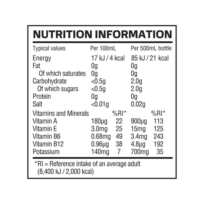 Nutrition information label for plant-based product, vitamins and minerals per 100mL and 500mL bottle.