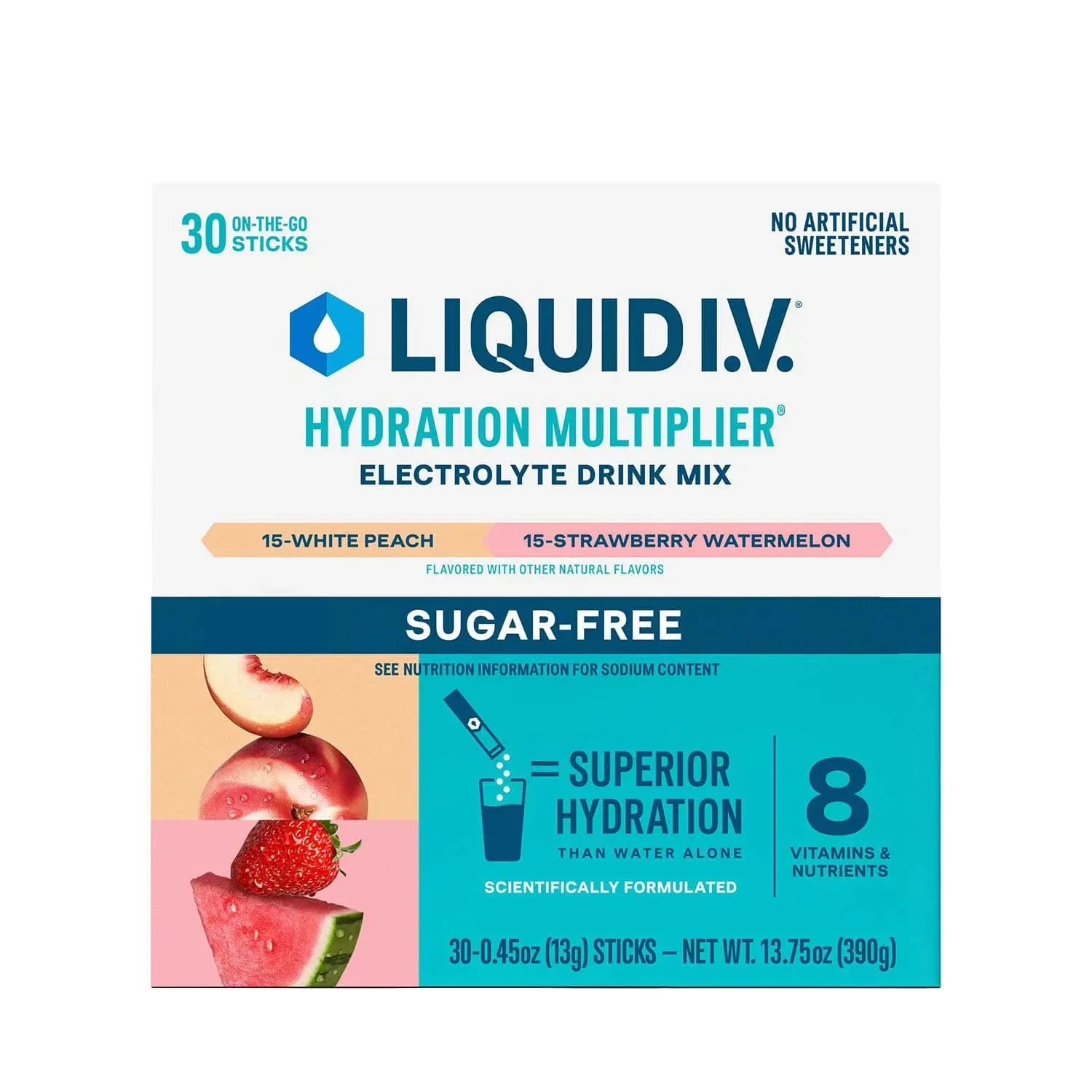 Liquid I.V. Hydration Multiplier Sugar-Free Electrolyte Powder Variety Pack, White Peach and Strawberry Watermelon - 390g (30