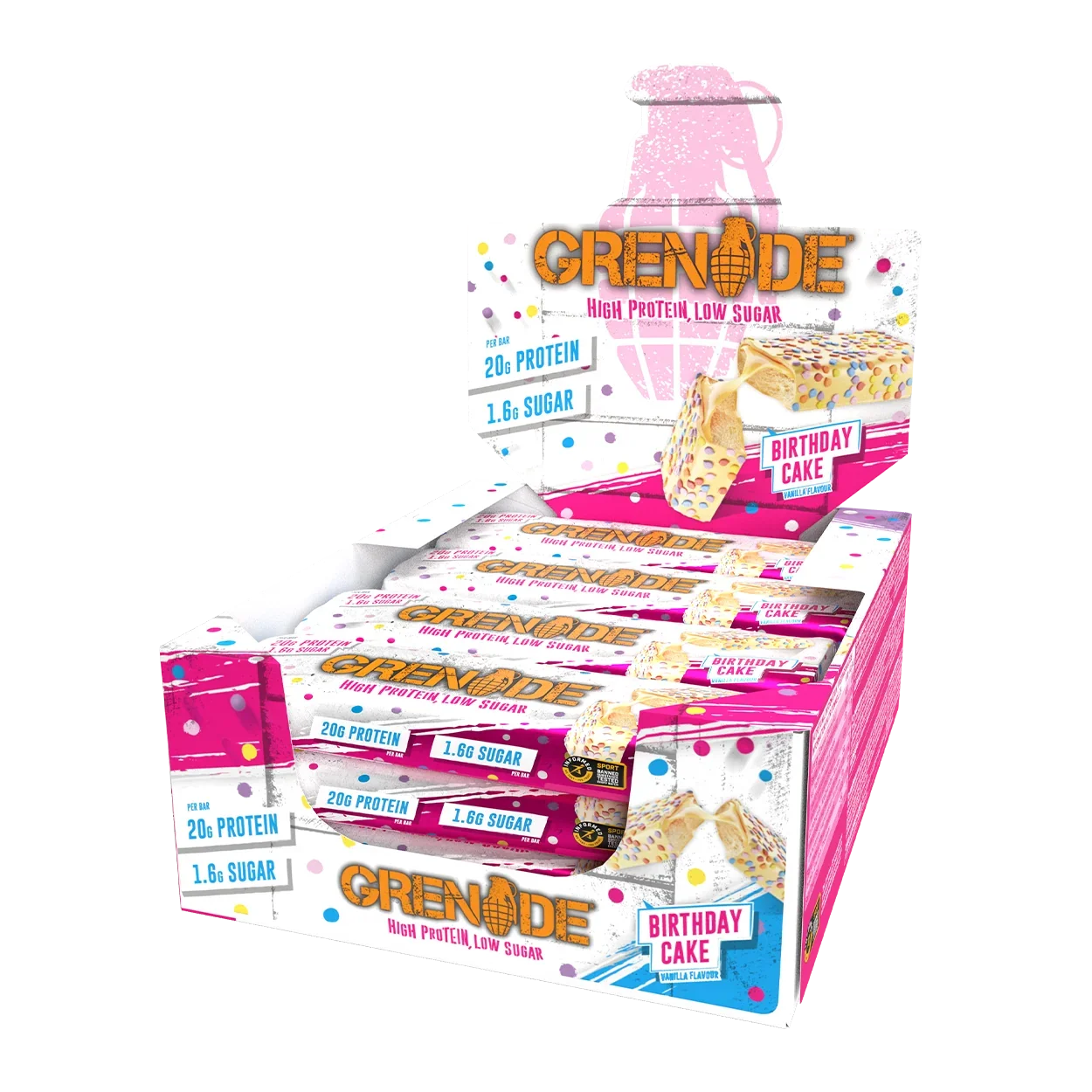 Grenade Birthday Cake - High Protein Bar - Low Sugar (60gm x 12) Box