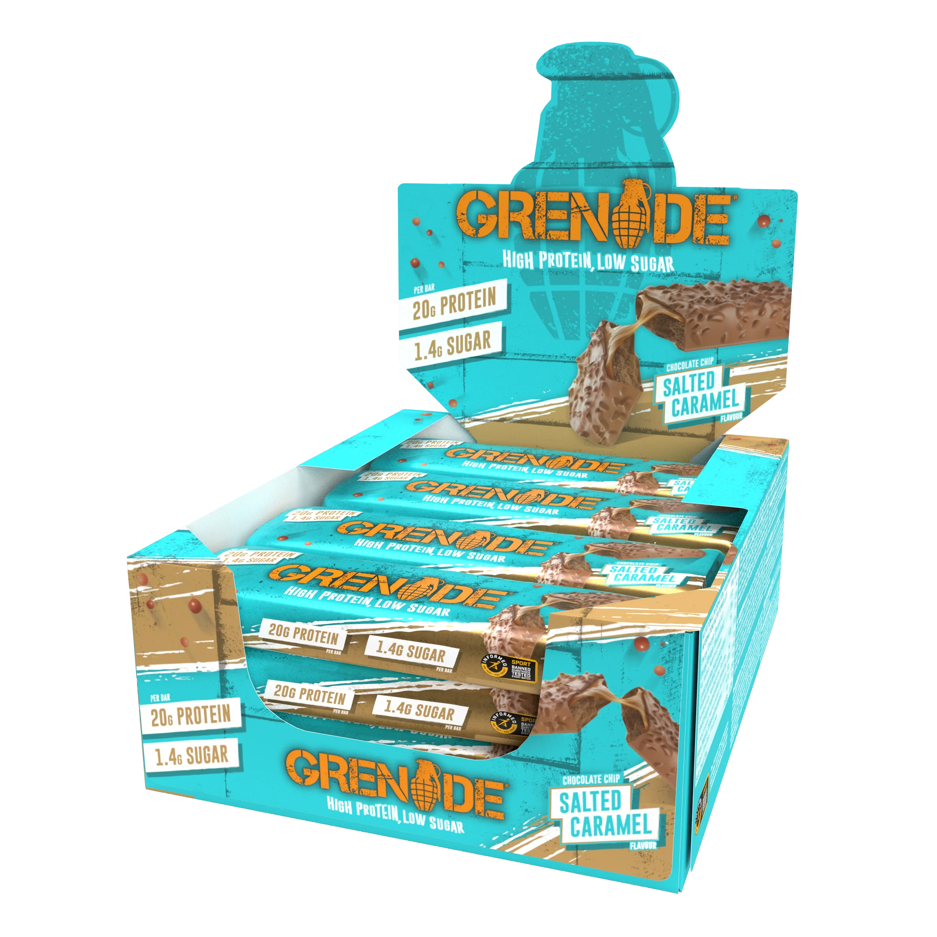 Grenade Chocolate Chip Salted Caramel - High Protein Bar - Low Sugar (60gm x 12) Box