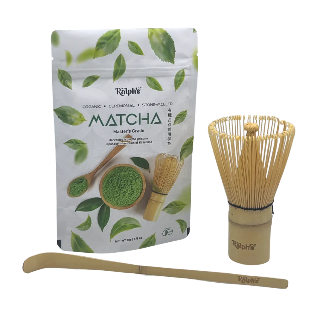 Ralph's organic matcha powder with bamboo whisk and scoop, plant-based tea kit