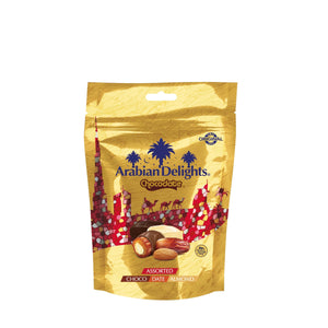 Arabian Delights Assorted Chocodate, Classic Chocolate Coated Bite-Sized Snacks, Stuffed w/ Golden Roasted Almonds, Dates | Snacks & Sweets Pouch - 180g