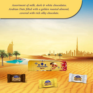 Arabian Delights Assorted Chocodate, Classic Chocolate Coated Bite-Sized Snacks, Stuffed w/ Golden Roasted Almonds, Dates | Snacks & Sweets Pouch - 90g