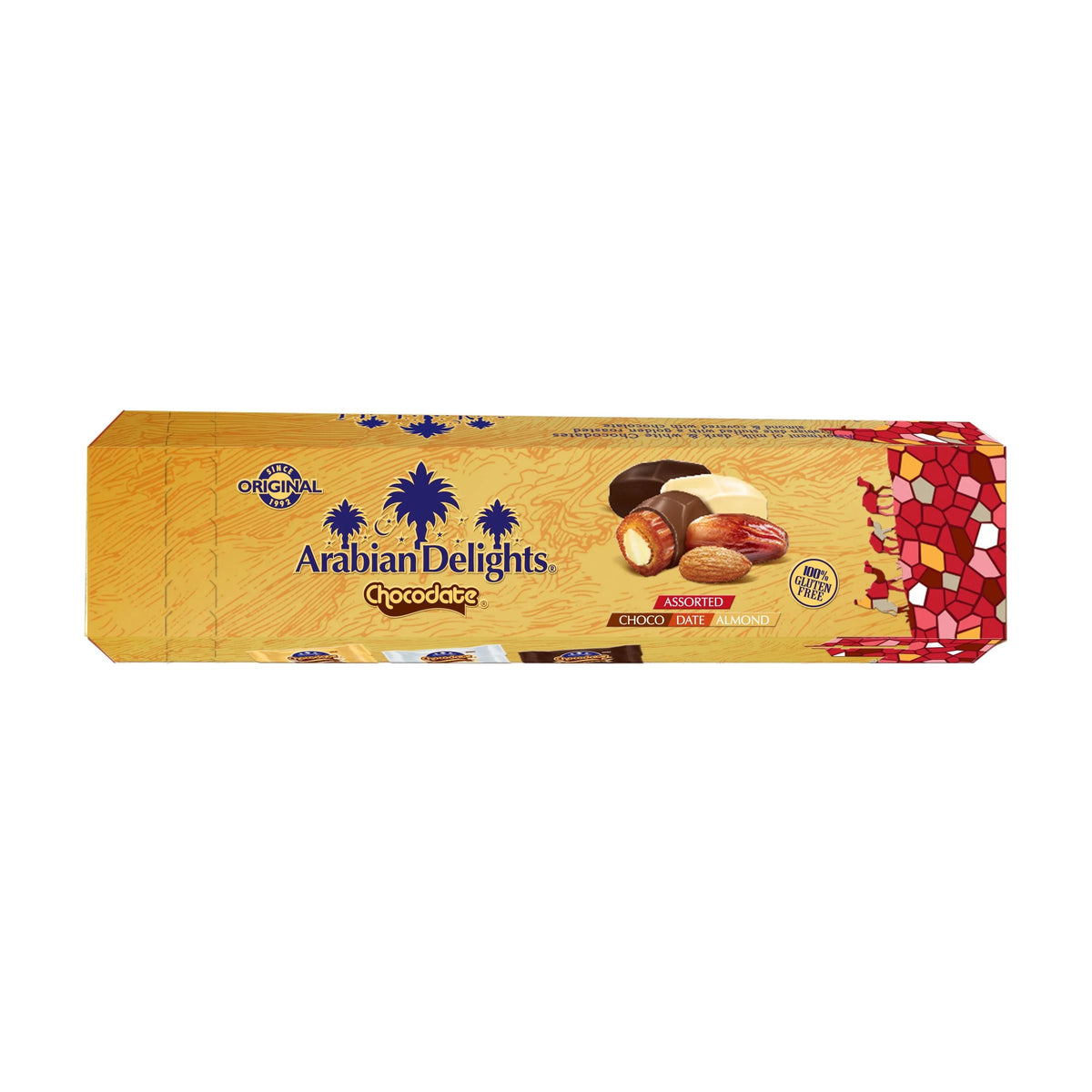 Arabian Delights Assorted Chocodate, Classic Chocolate Coated Bite-Sized Snacks, Stuffed w/ Golden Roasted Almonds, Dates & Sweets Pouch - 500g