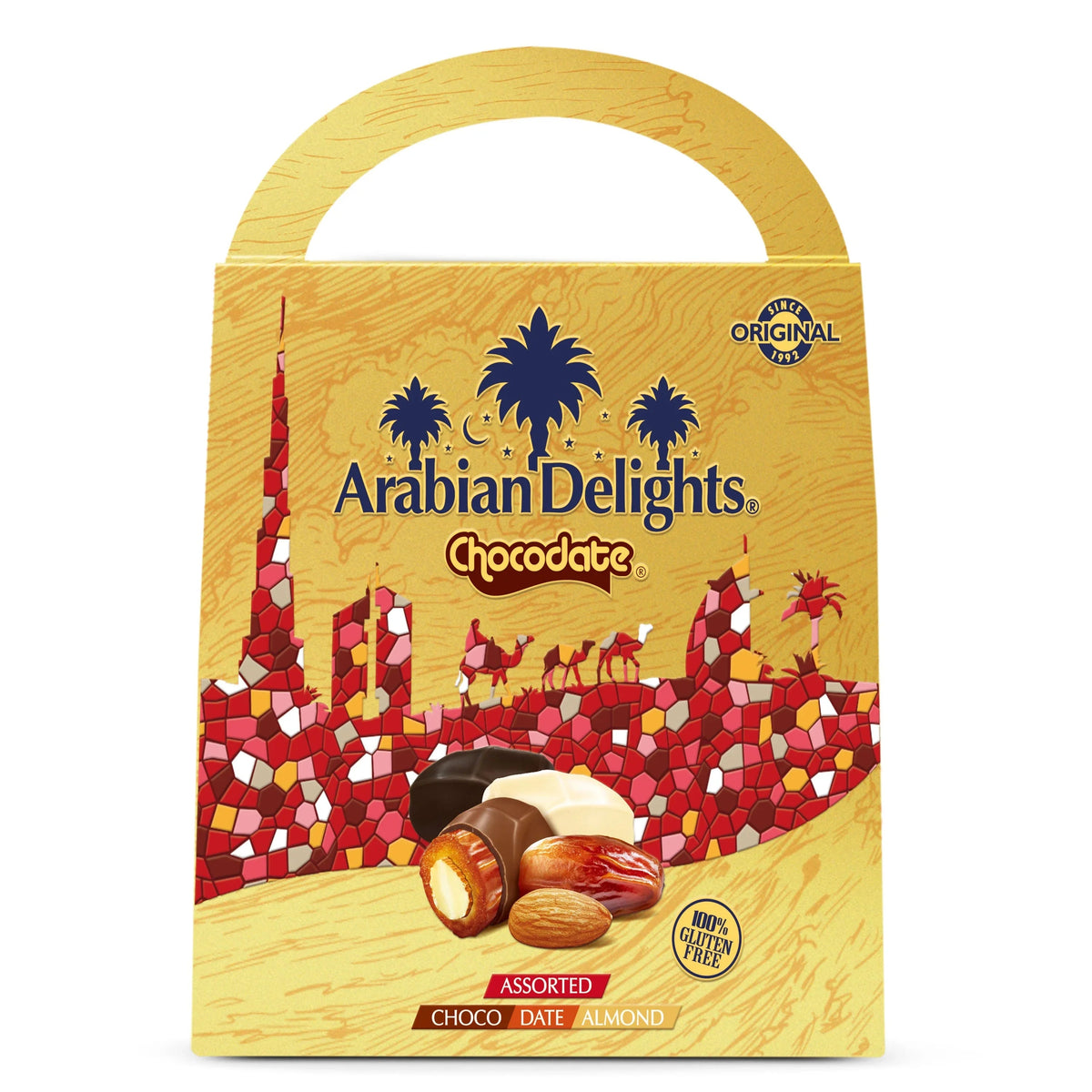Arabian Delights Assorted Chocodate, Classic Chocolate Coated Bite-Sized Snacks, Stuffed w/ Golden Roasted Almonds, Dates & Sweets Pouch - 725g