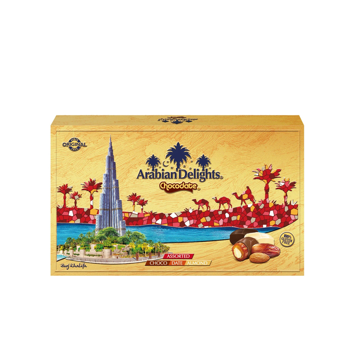 Arabian Delights Assorted Chocodate, Classic Chocolate Coated Bite-Sized Snacks, Stuffed w/ Golden Roasted Almonds, Dates & Sweets Pouch - 725g