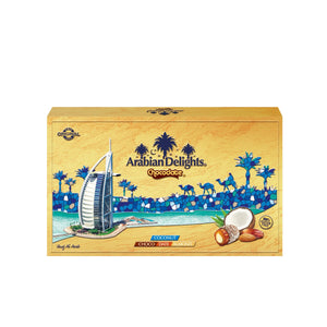 Arabian Delights Chocodate with Coconut, Chocolate Coated Bite-Sized Snacks, Stuffed w/ Golden Roasted Almonds, Dates - 250 gm