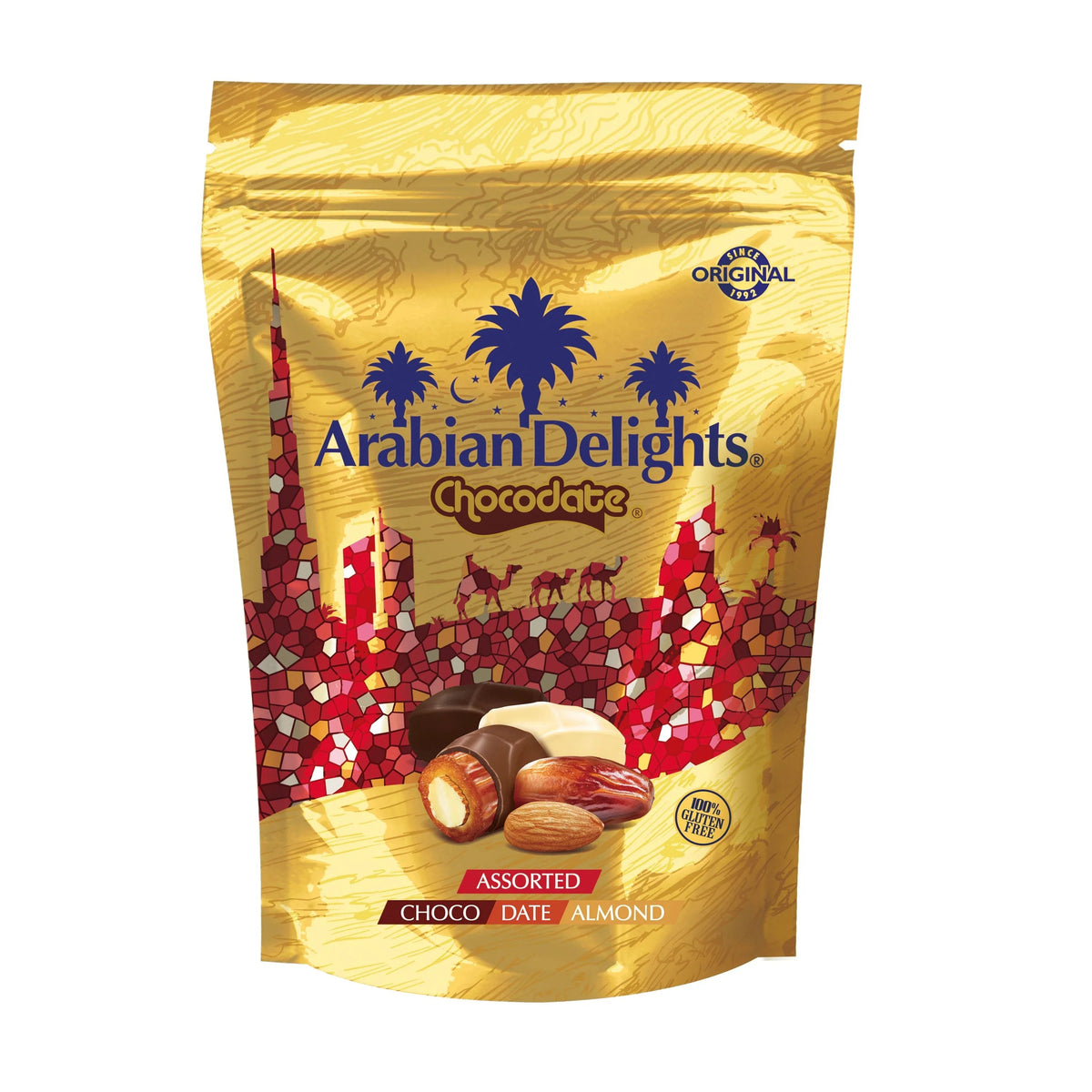 Arabian Delights Assorted Chocodate, Classic Chocolate Coated Bite-Sized Snacks, Stuffed w/ Golden Roasted Almonds, Dates & Sweets Pouch - 500g