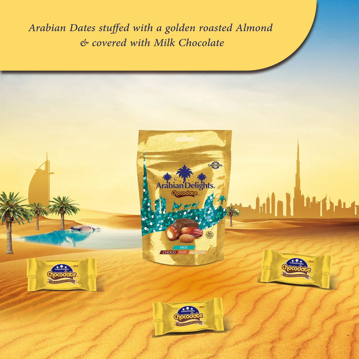 Arabian Delights Milk Chocodate, Classic Chocolate Coated Bite-Sized Snacks, Stuffed w/ Golden Roasted Almonds, Dates | Snacks & Sweets Pouch - 230g