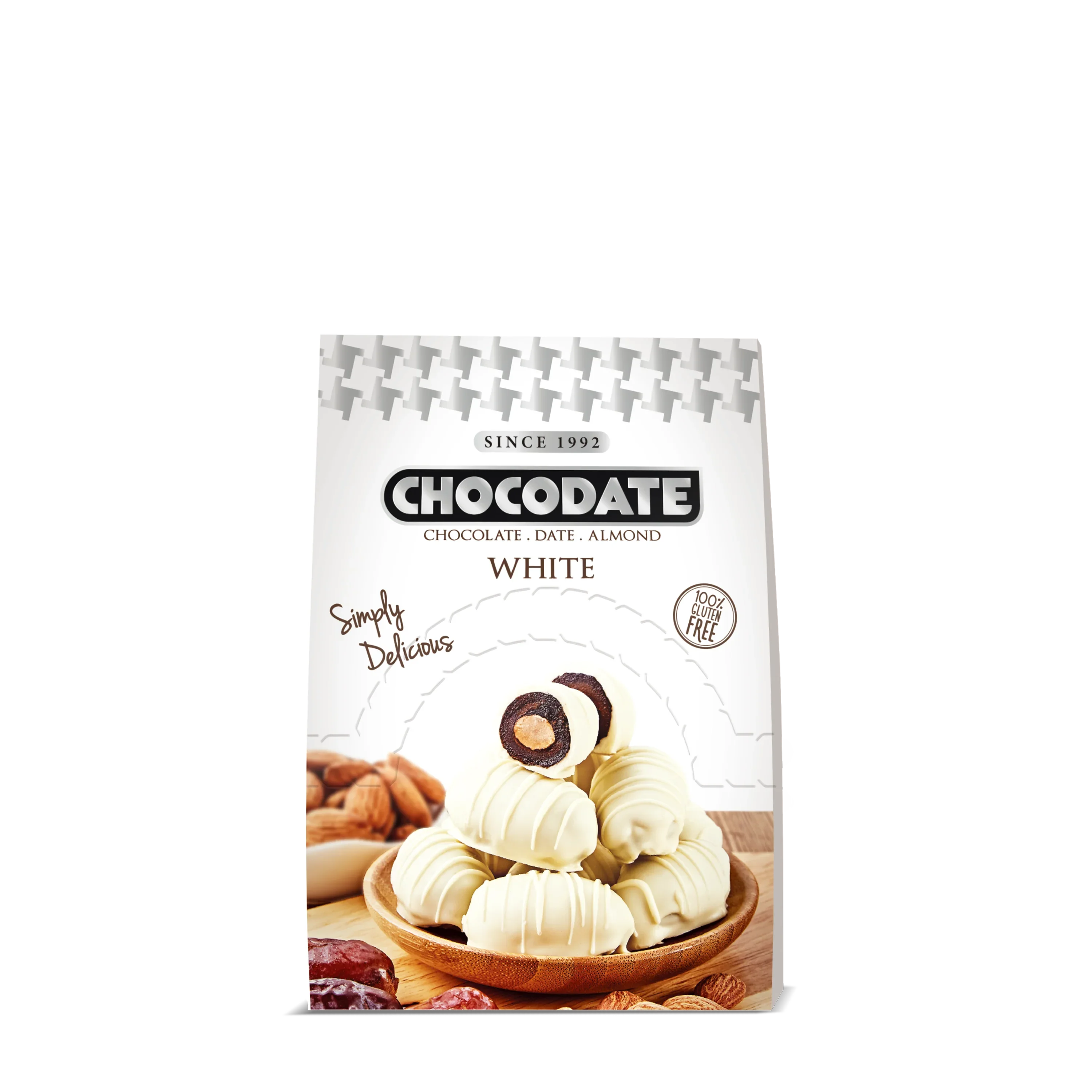 Chocodate White | Exquisite Bite Sized Delicacy | Handmade Treat - Rich Silky Chocolate - Velvety Arabian Date - Golden Roasted Almond - Perfect Snacking - 33gm