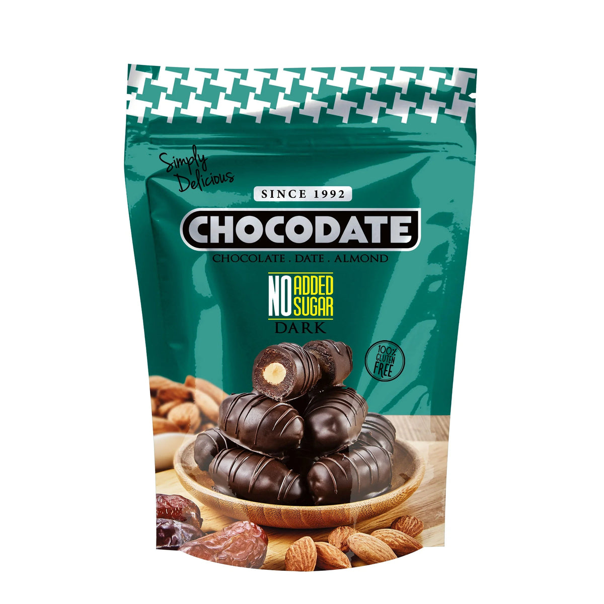 Chocodate No Sugar Added Rich Silky Chocolate, Roasted Almonds, Velvety Arabian Dates, Low Calories, No GMO, Gluten Free Chocolate, Perfect Snacking - 230gm