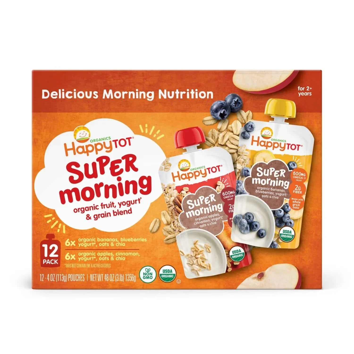 HappyTOT Organics Super Morning Pouch 113g, Apple Cinnamon and Blueberry Banana Variety-12 Pack