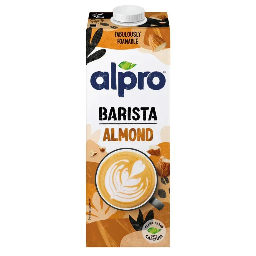 Alpro Barista Almond plant-based milk carton with latte art, vegan, calcium, UAE food store