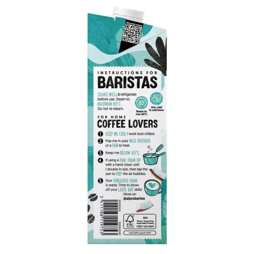 Alpro Barista plant-based milk carton back with barista instructions, milk frother, and latte art, iPlantBased UAE.