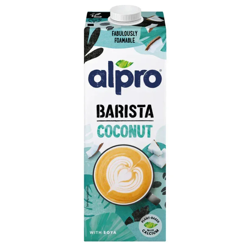 Alpro Barista Coconut plant-based milk carton with latte art, available at iPlantBased UAE
