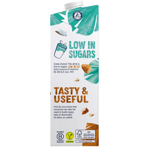 Carton of vegan coconut drink, labeled 'low in sugars' and 'tasty & useful', from iPlantBased.
